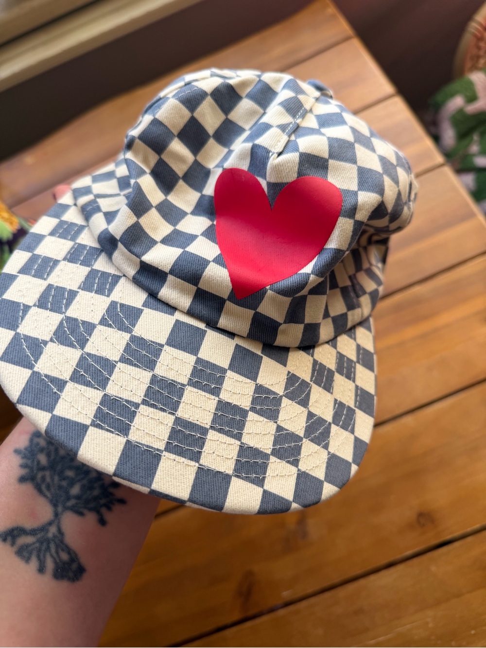 Anthropologie Navy and Cream Checkered Cap with Red Heart